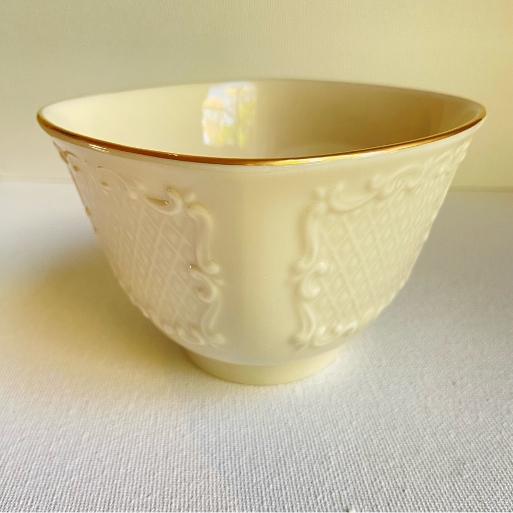 Lenox Canterbury pattern square footed bowl embossed scrolls gold trim VINTAGE